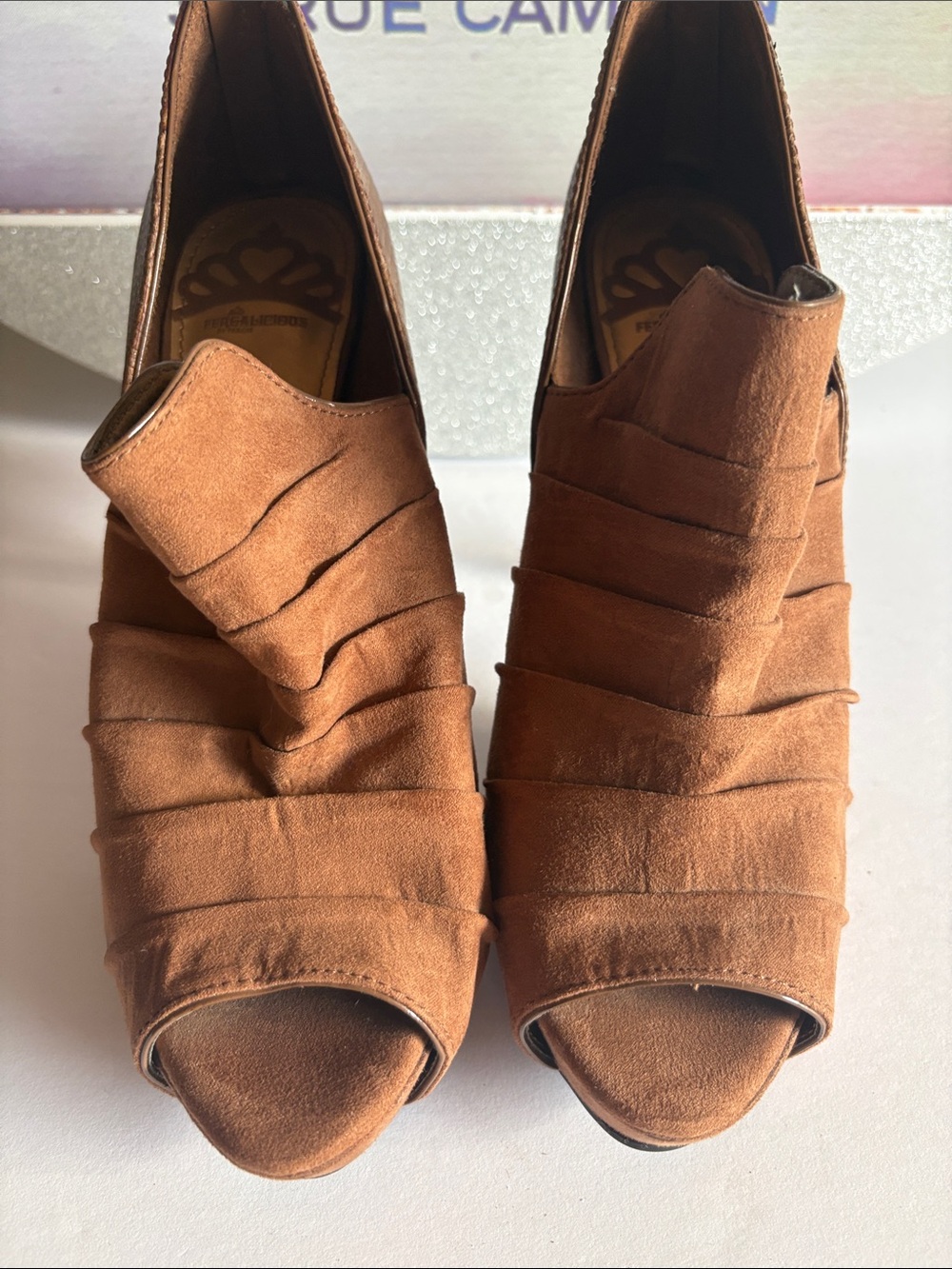 Fergalicious Cognac Brown Suede Peep-Toe Heels